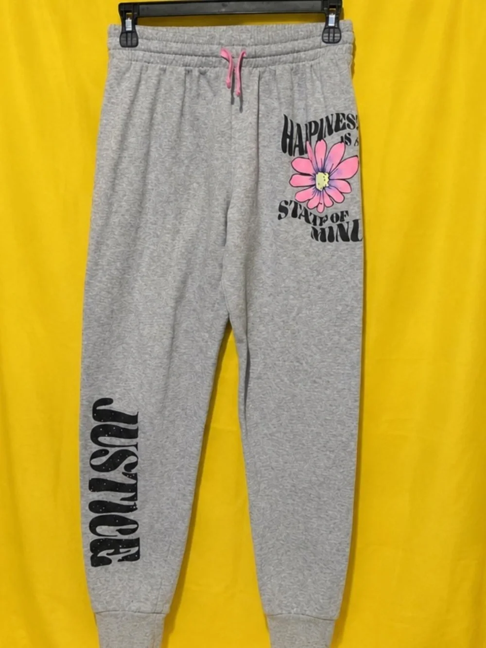 Justice Sweatpants, Girls Size Large, “HAPPINESS IS A STATE OF MIND”